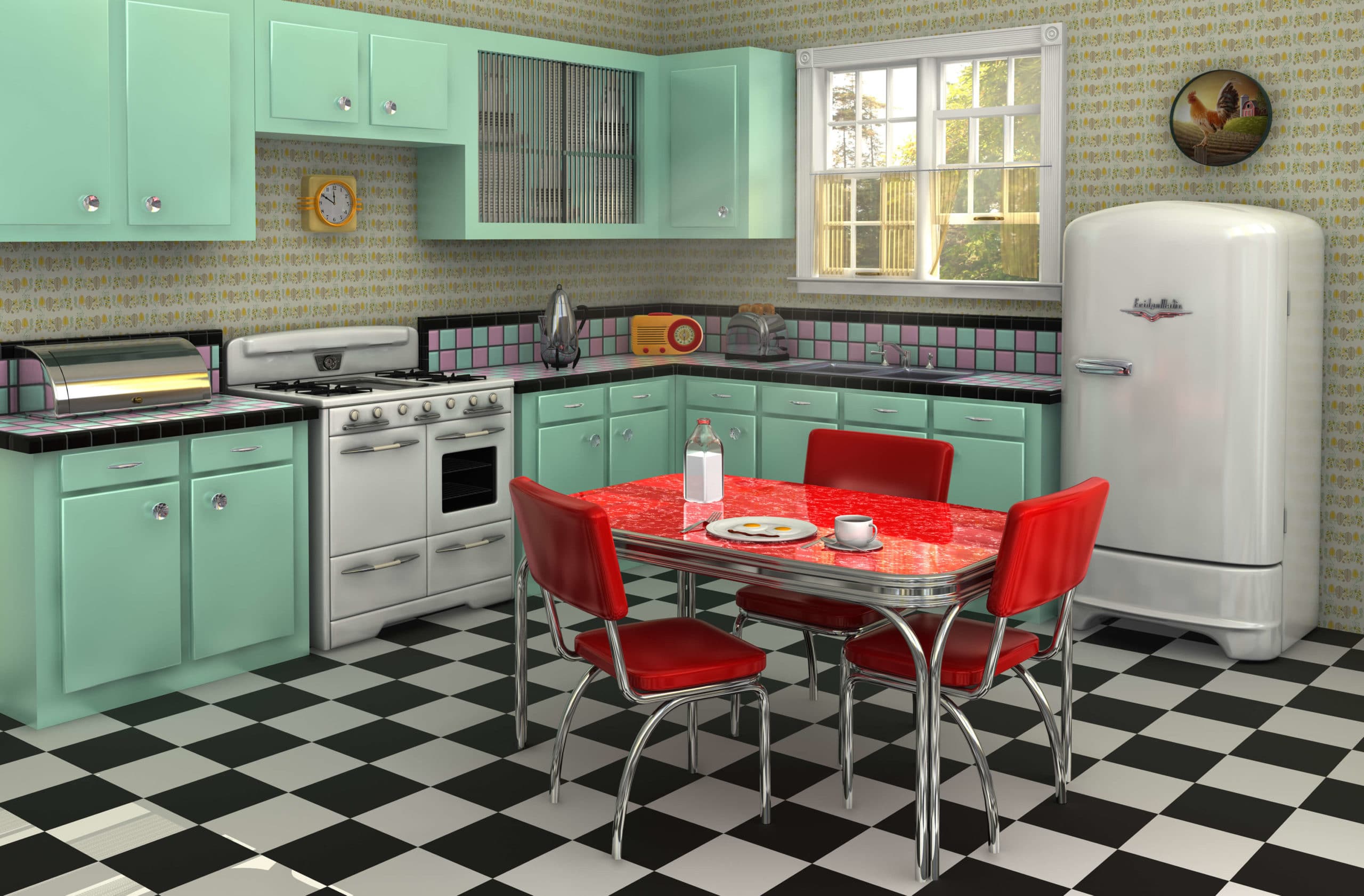 retro 50s kitchen with bright laminate countertops
