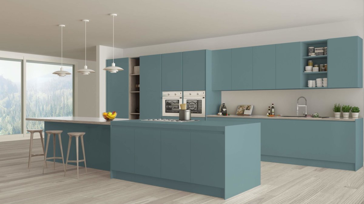 Kitchen with blue countertops