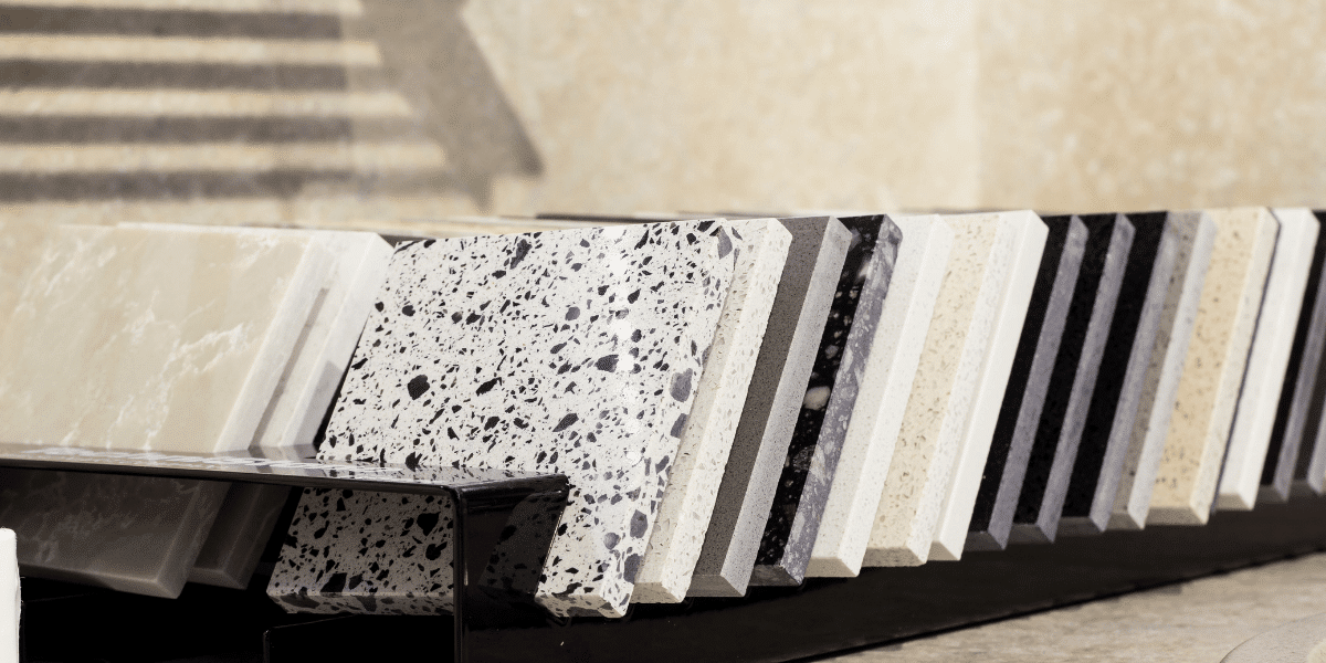 A variety of granite and quartz countertop samples